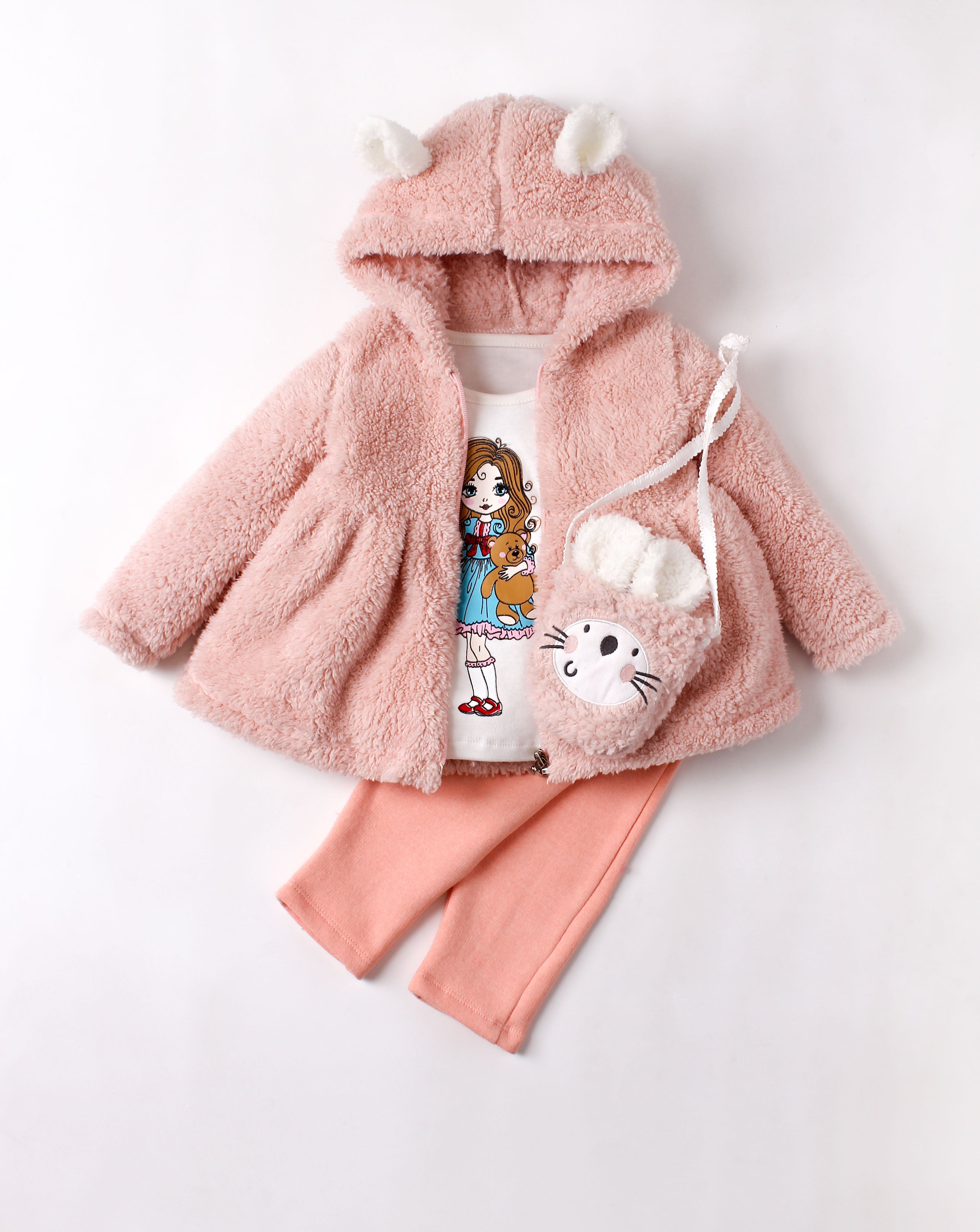 Kız Bebek Tavşan Çantalı Peluş Montlu 3 Parça Takım 9-24 Ay